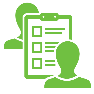 Evaluation form, two people conversing between form